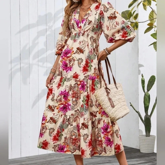  Puff Sleeve Romantic Floral Print Dress - Picture 1 of 5